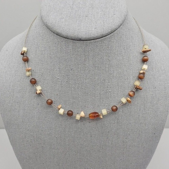 Lia Sophia Jewelry - Lia Sophia Boho Wire Necklace Double Two Strand Beaded Amber Neutral Tone Beads